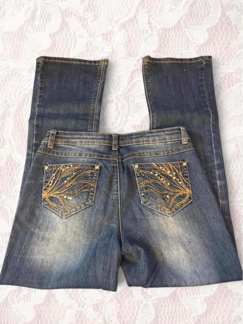 Mudd Dark Blue Flare Jeans with Gold Embroidered Pockets